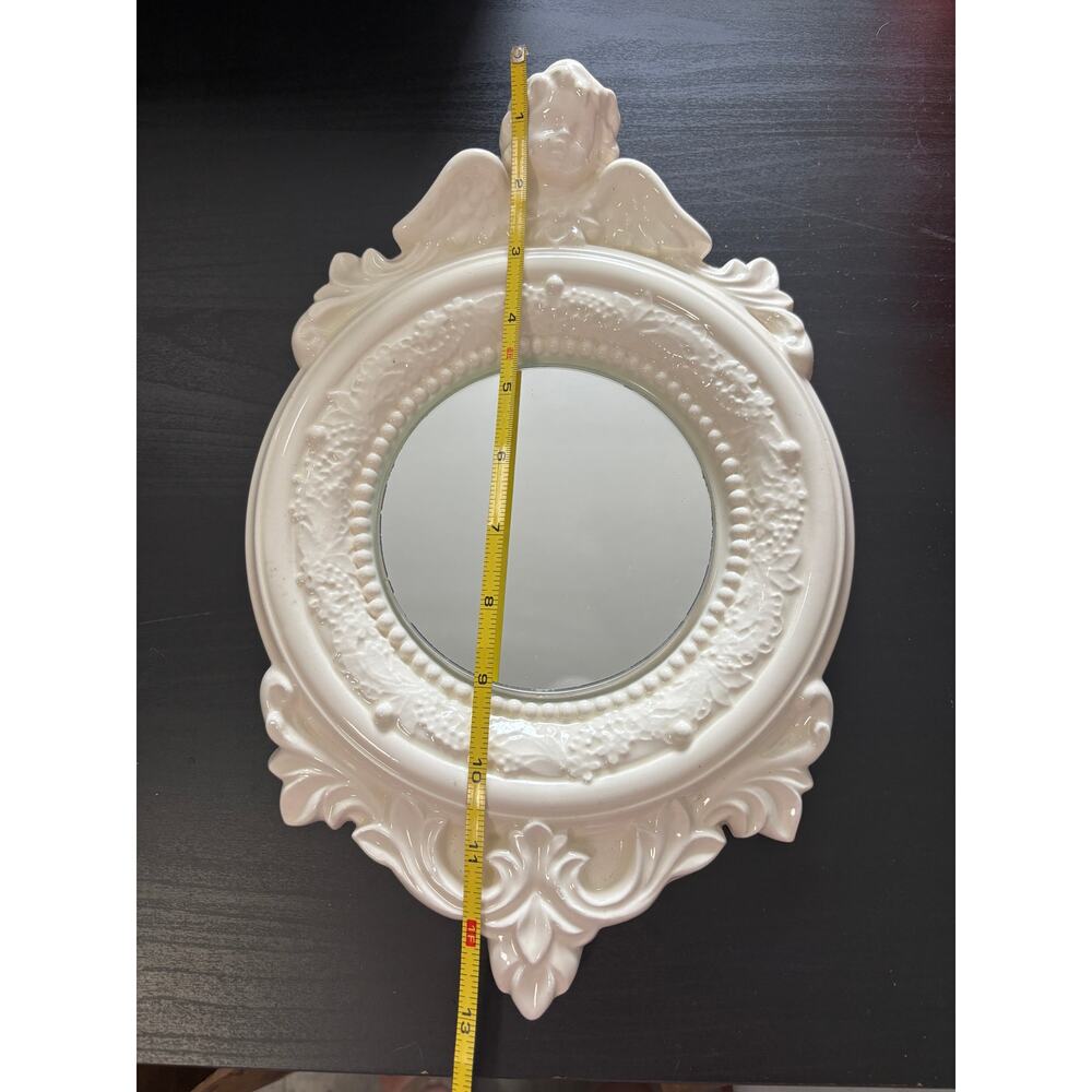Vintage Rococo Style Cherub Wall Mirror White Ornate Baroque Frame Signed